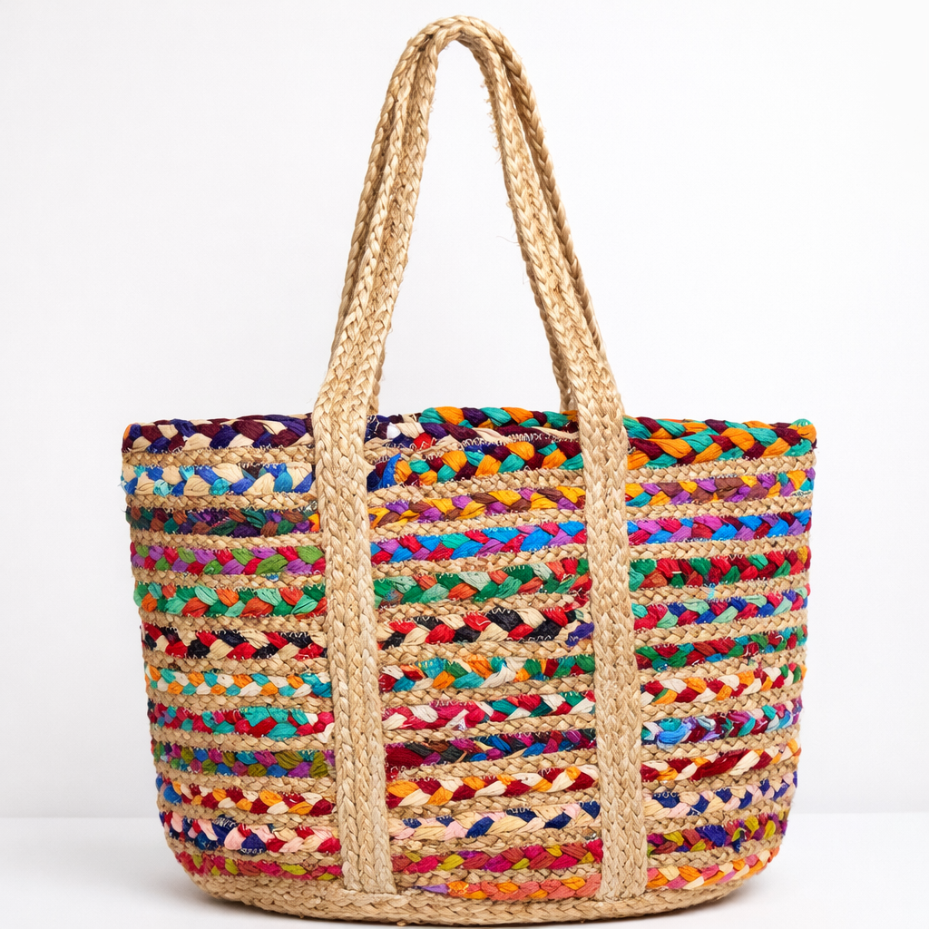 Handwoven Multicolor Jute Tote Bag | Eco-Friendly Boho Shoulder Bag | Sustainable Everyday Carry Bag